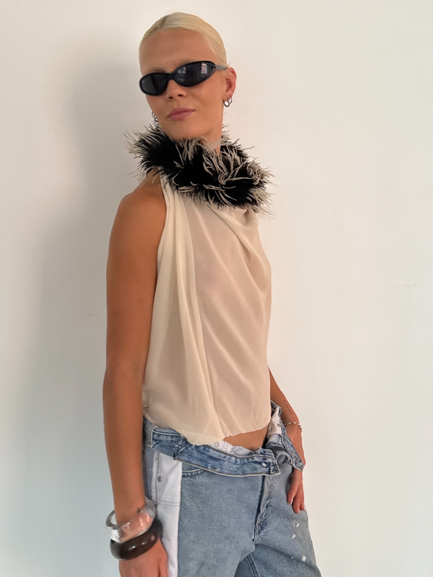 Feathered Collar Halter-neck