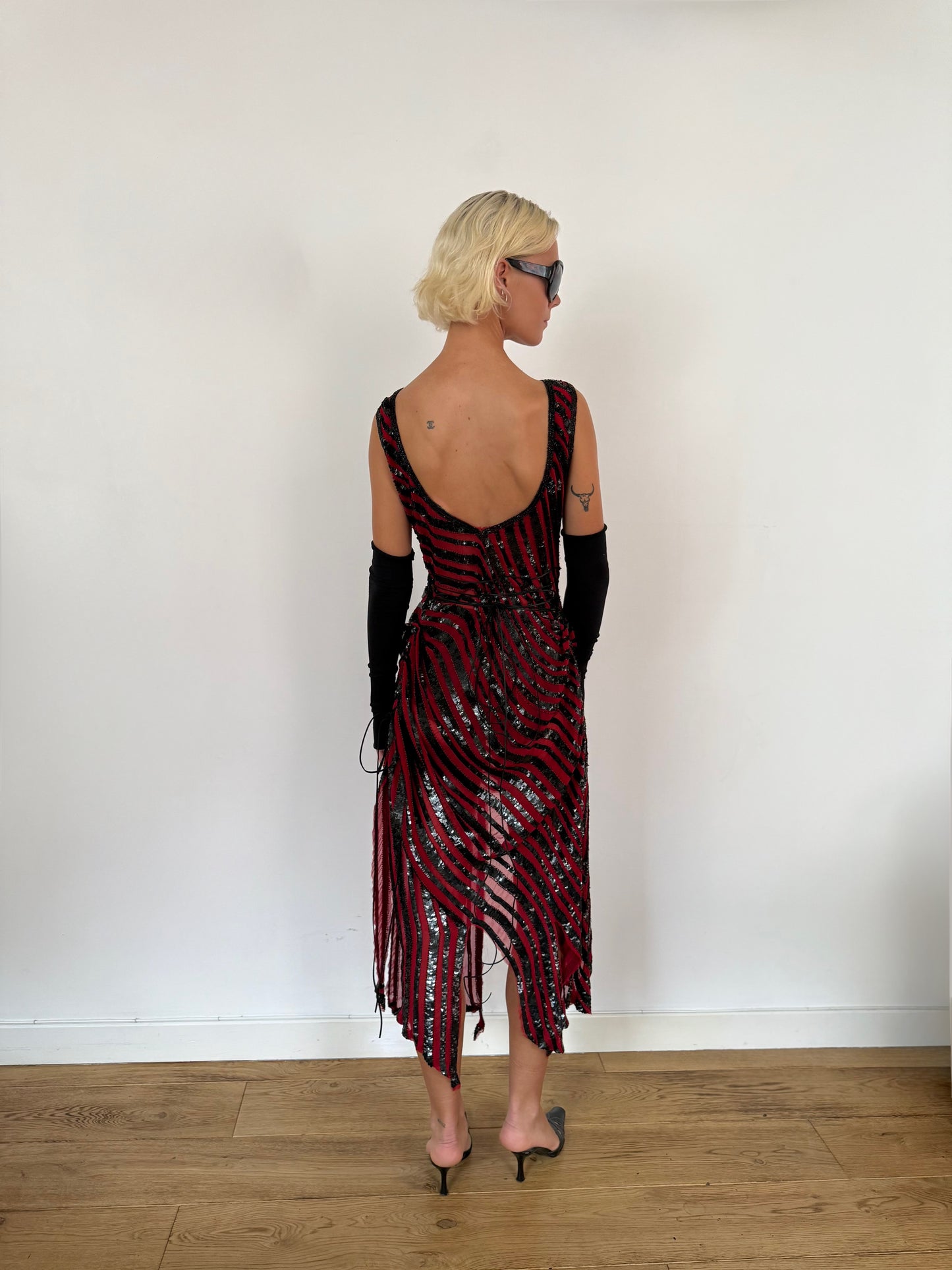 Red & Black Distressed Sequin Dress