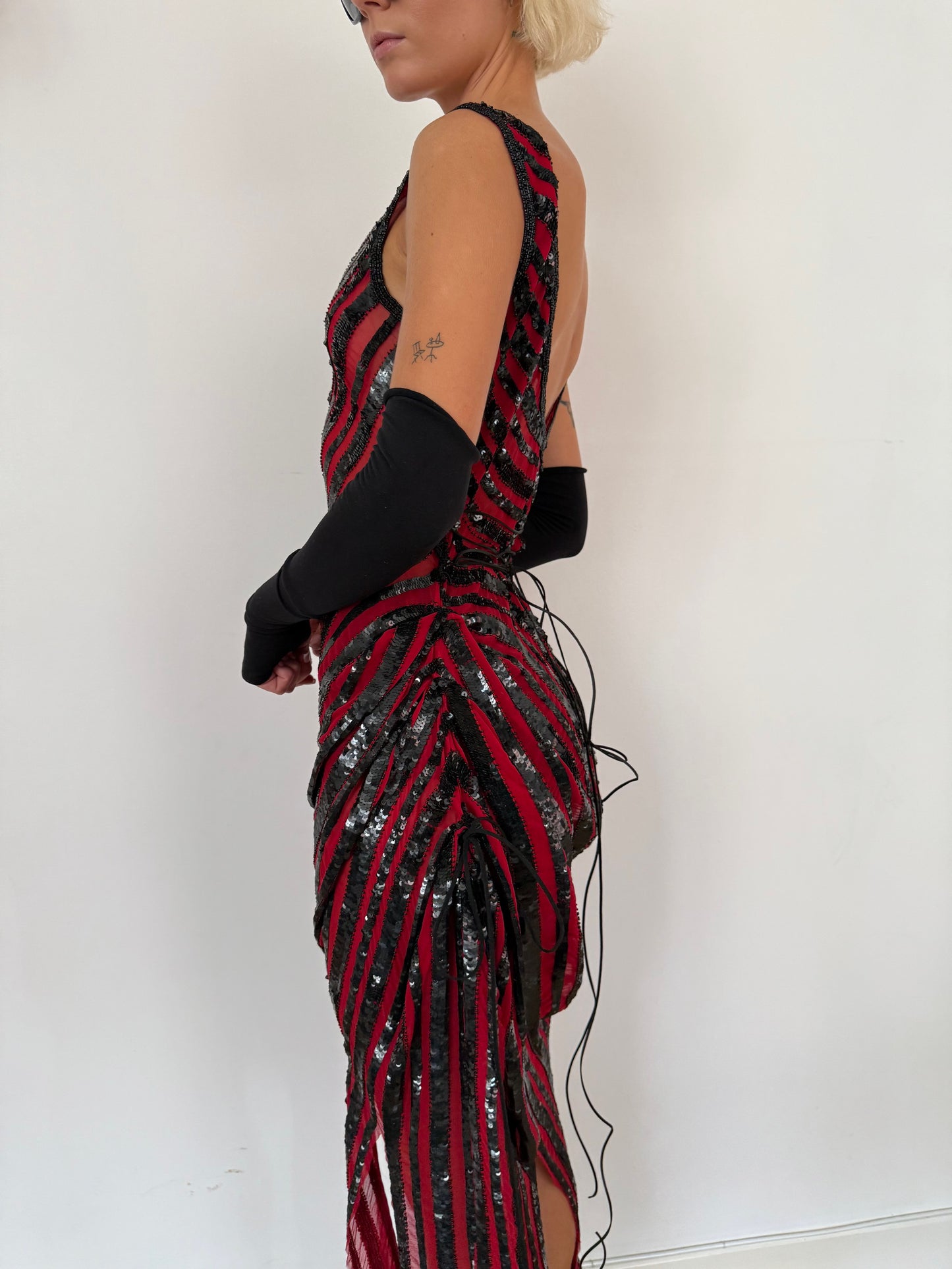 Red & Black Distressed Sequin Dress