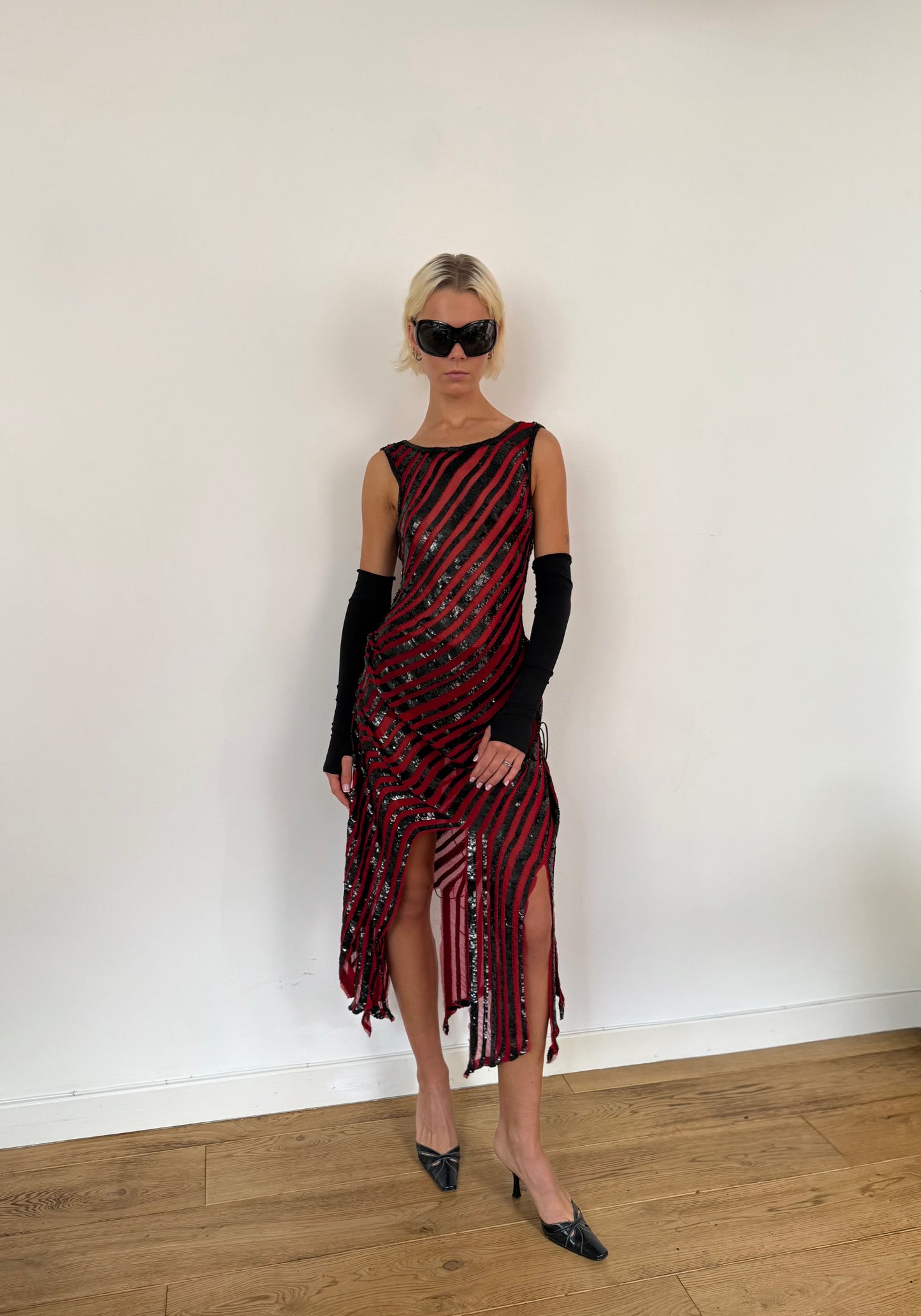 Red & Black Distressed Sequin Dress