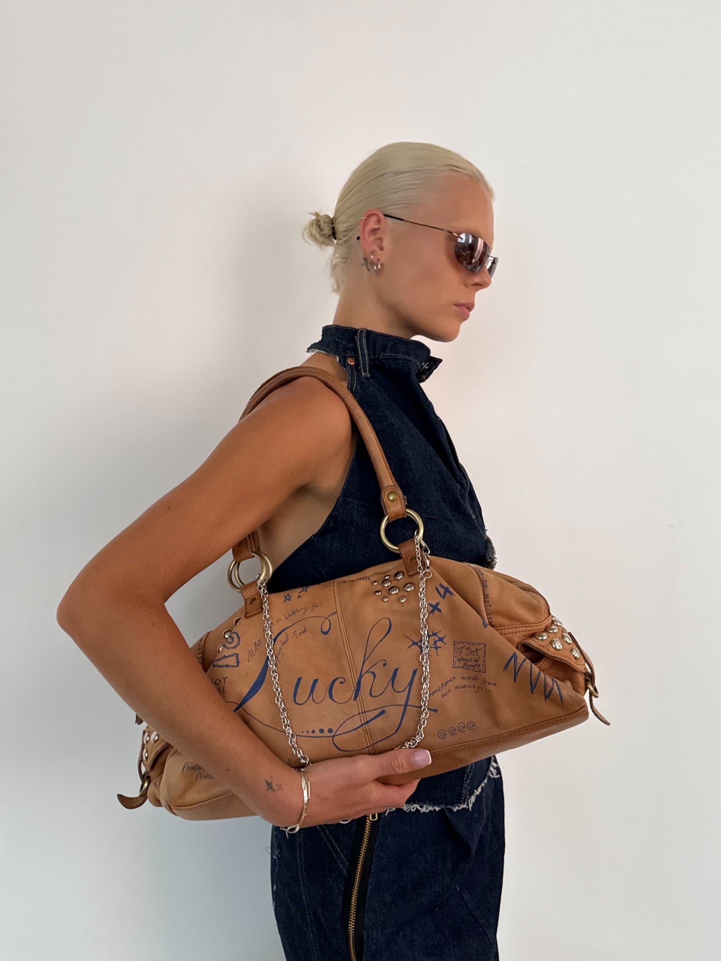 Studded Graffiti Bag - Beige