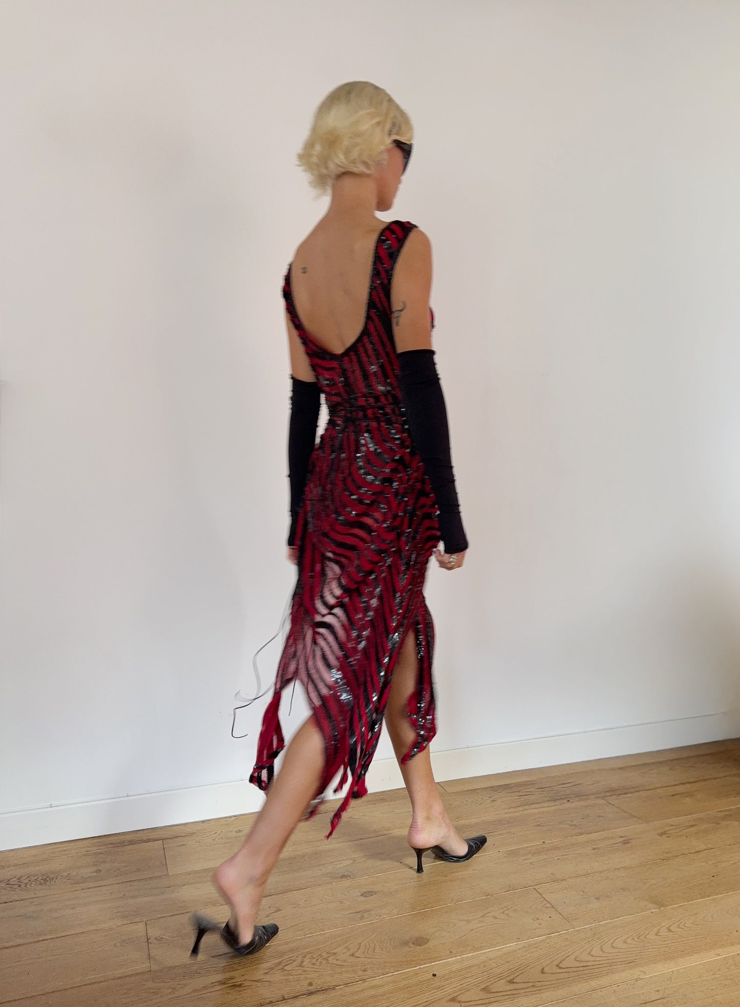 Red & Black Distressed Sequin Dress