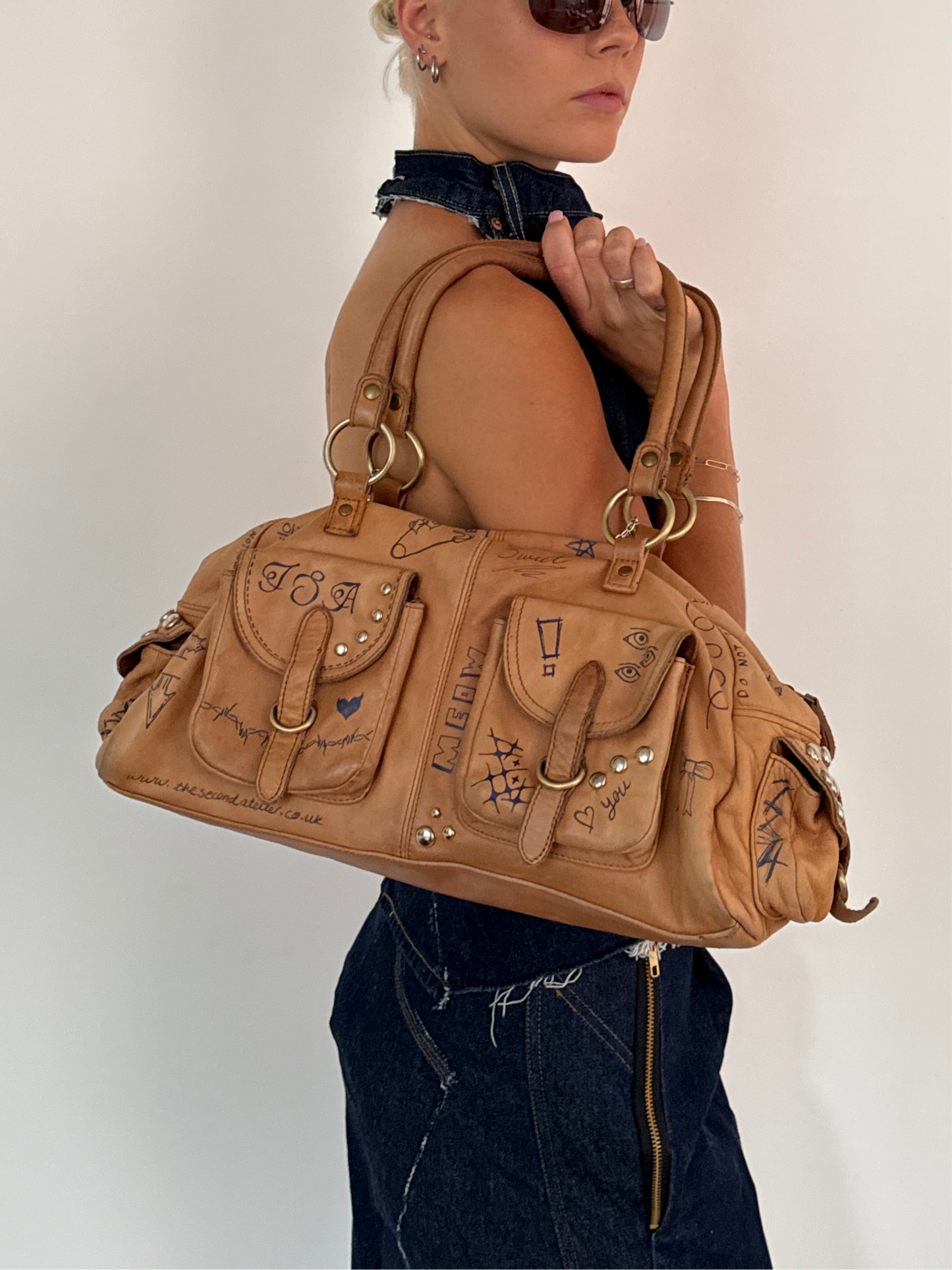 Studded Graffiti Bag - Beige