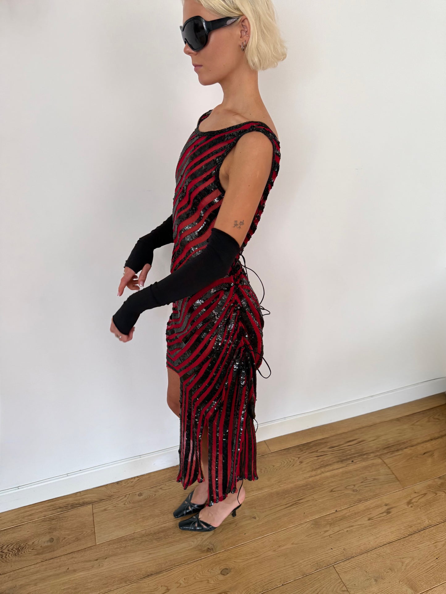 Red & Black Distressed Sequin Dress