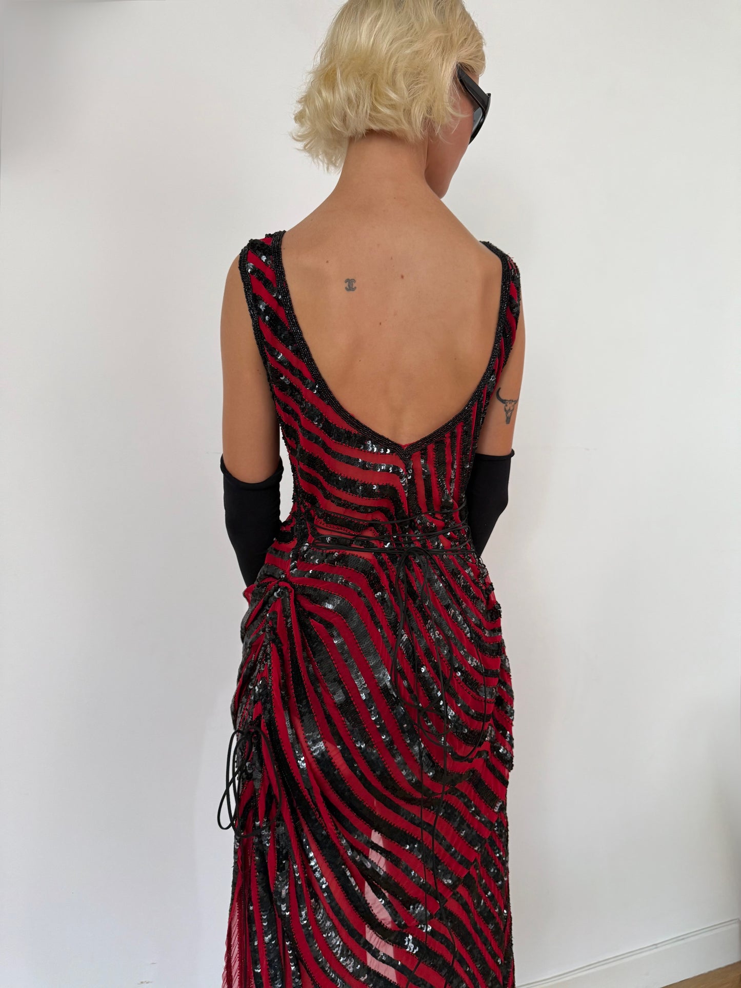 Red & Black Distressed Sequin Dress