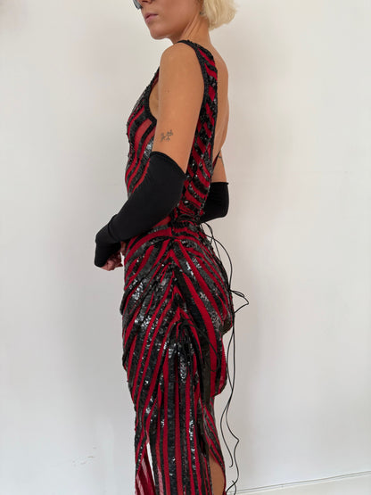 Red & Black Distressed Sequin Dress