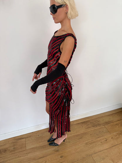 Red & Black Distressed Sequin Dress