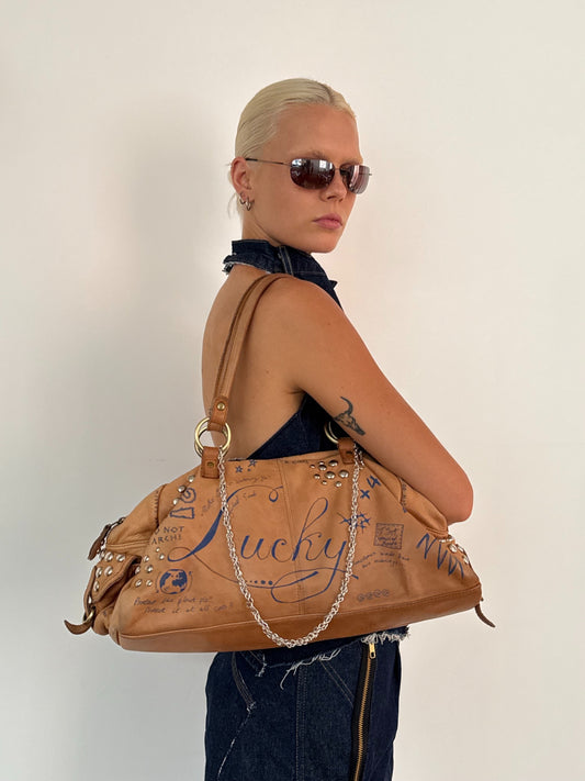 Studded Graffiti Bag - Beige
